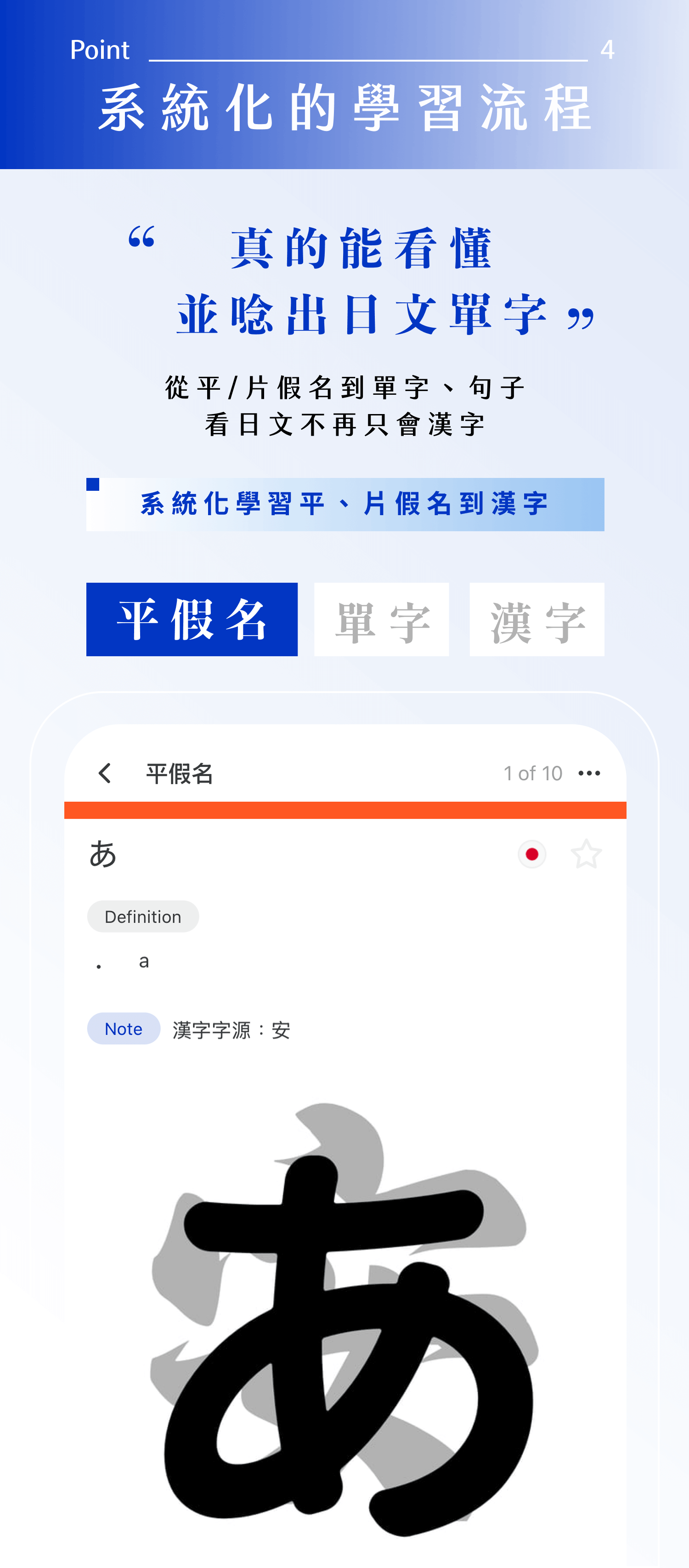 動態展示特色四：系統化的日文學習流程。實際示範如何從平假名、片假名基礎打底，循序漸進學會日文單字與句子，帶你真正看懂並唸出日文，擺脫只會看漢字猜意思的窘境。